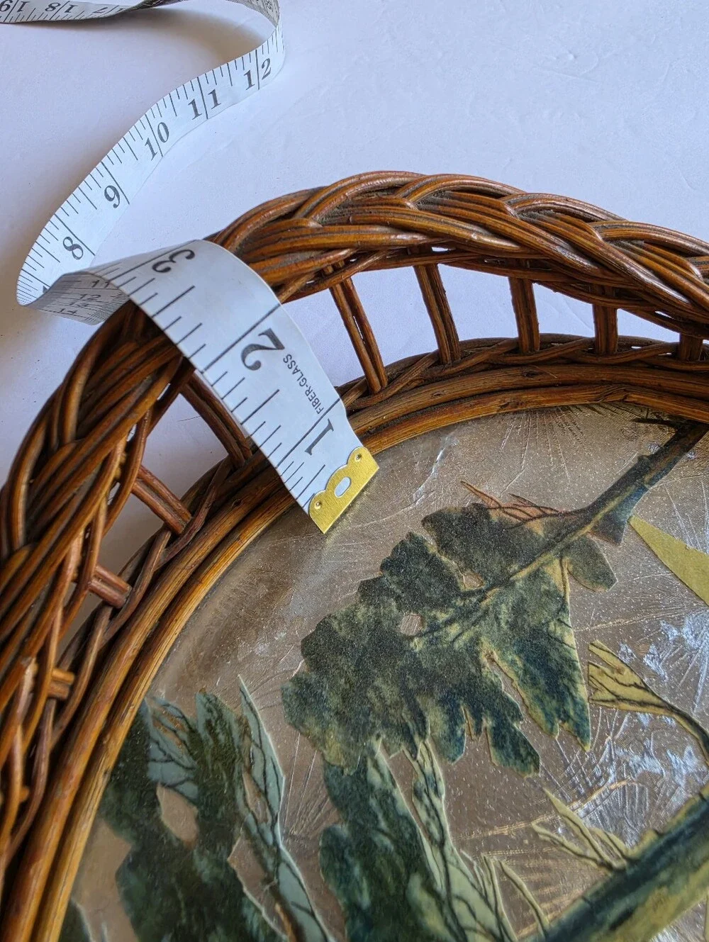 Asian Vintage Wicker Serving Tray Foil Paper Art Glass Top - 19